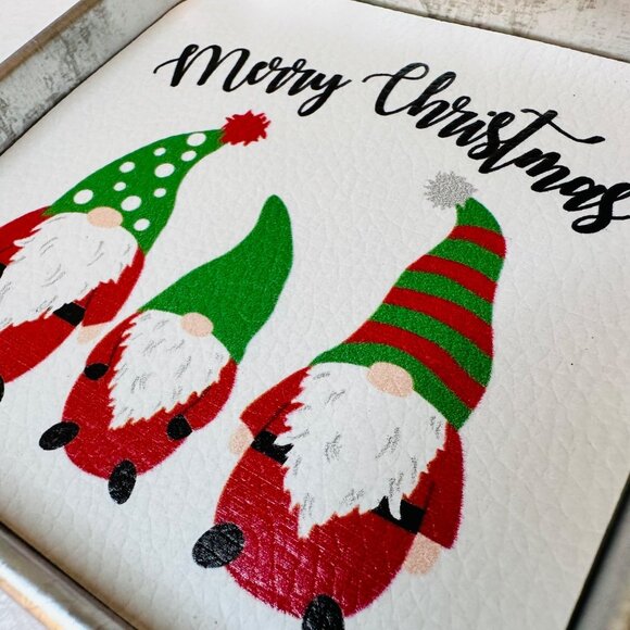 Holiday Christmas Gnome Coaster Set 4 tin coasters plus holder with handle - Picture 10 of 14